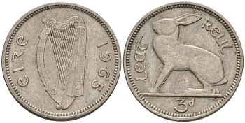 Ирландия 3 пенса 1965 заяц KM 12a медно-никель 4596-1111