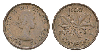 Канада 1 цент 1956 Елизавета II (1952-2022), кленовый лист KM 49 бронза 4630-532