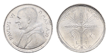 Ватикан 1 лира 1968 MCMLXVIII, год-тип KM 100 алюминий UNC 4649-949