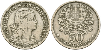 Португалия 50 сентаво 1951 KM 577 медно-никель 4132-137