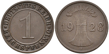 Германия 1 рейхспфенниг 1928 F KM 37, J.313, Weege 2 медь 4585-567