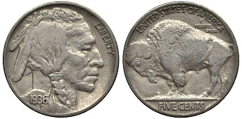 США 5 ЦЕНТОВ 1936 ИНДЕЕЦ, БИЗОН KM 134 медно-никель 27-647