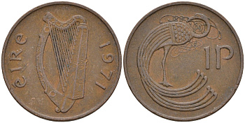 Ирландия 1 пенни 1971 мифологическая птица лира KM 20 бронза 4146-417