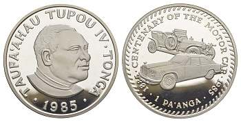 Тонга 1 паанга 1985 100 лет автоиндустрии, MGB GT и MG TA KM 89a серебро PROOF 1091-8-23