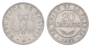 Боливия 20 сентаво 1987 KM 203 нержавеющая сталь 4663-333