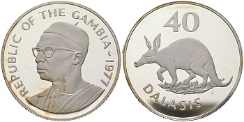 Гамбия 40 даласи 1977 Защита дикой природы - Трубкозуб KM 18a серебро PROOF 11-315-15