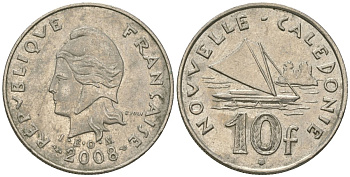 Французская Новая Каледония 10 франков 2008 рыбачья парусная лодка, (IEOM) KM 11a, Schoen 13a, Lec 99k медно-никель 60-336