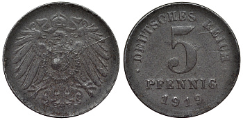Германия 5 пфеннигов 1919 D KM 19, J. 297, Weege 5 железо 4118-1242