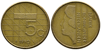 НИДЕРЛАНДЫ 5 ГУЛЬДЕНОВ 1990 БЕАТРИКС KM 210 никель плакированный бронзой 73-1636