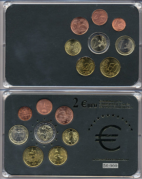 Италия евронабор от 1 евроцента до 2 евро  включает 2 евро 2005 европейская конституция, планшет  биметалл, медно-никель  UNC  3-6-5-16