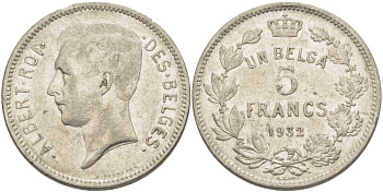 БЕЛЬГИЯ 5 ФРАНКОВ 1932 АЛЬБЕРТ I, DES BELGES KM 97.1 никель 3851-216