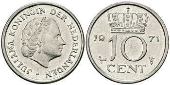 Нидерланды 10 центов 1971 Юлиана (1948-1980) KM 182 никель 96-418