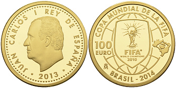Испания 100 евро 2013 чемпионат мира по футоболу в Бразилии 2014 KM NEW золото  PROOF 00-000-00