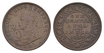 Британская Индия 1/4 анны 1919 Георг V (1910-1936) KM 512 бронза 75-1842