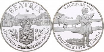 Нидерланды медаль ND королева Беатрикс (1980-2013), 4 августа 1945 года, возвращение из Канады, диаметр 38,5 мм.  серебро  PROOF  11-153-25