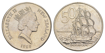 Новая Зеландия 50 центов 1988 Елизавета II (1952-2022), парусник Индевор KM 63 медно-никель 81-833