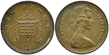 Великобритания 1 пенни 1971 Елизавета II (1952-2022) KM 915, Spink 4237 (B1) бронза 4393-253