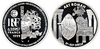 Франция 1 евро = 6,55957 франков 2000 романский стиль в архитектуре Средневековья (X-XII века) в коробке с сертификатом KM 1245 серебро PROOF 4-3-3-09