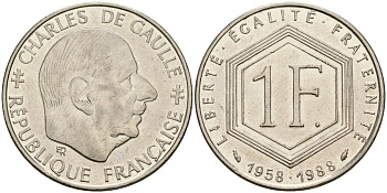 Франция 1 франк 1988 Шарль де Голль, 30 лет республике KM 963 никель 4135-1111