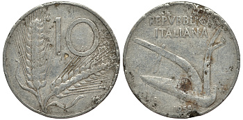 ИТАЛИЯ 10 ЛИР 1955 R, КОЛОСЬЯ, ПЛУГ KM 93 алюминий G 4182-523