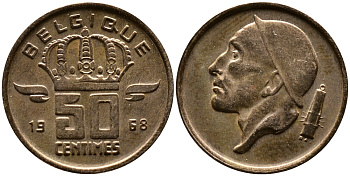 БЕЛЬГИЯ 50 САНТИМОВ 1968 BELGIQUE KM 148.1 бронза 4387-634