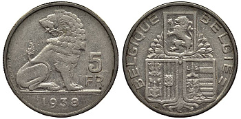 БЕЛЬГИЯ 5 ФРАНКОВ 1938 BELGIQUE-BELGIE KM 116.1 никель 27-551