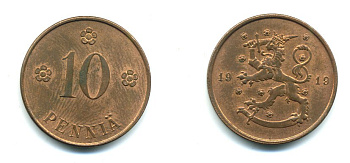 Финляндия 10 пенни 1919 KM 24 медь 41-1253