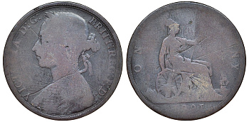 Великобритания 1 пенни 1891 Виктория (1837-1901) KM 755, Spink 3954 бронза 51-2212