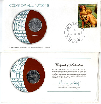 Парагвай 50 гуарани 1980 конверт с маркой первого дня гашения, Coins of Nations KM 169 нержавеющая сталь UNC 4295-19-2
