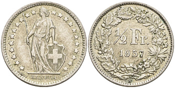 Швейцария 1/2 франка 1957 B KM 23 серебро 4608-515