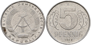 ГДР 5 пфеннигов 1968 A KM 9.1 алюминий 211-1126
