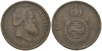 Бразилия 20 рейсов 1869 Педру II (1831-1889) KM 474 бронза 92-926