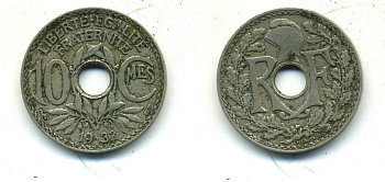 ФРАНЦИЯ 10 САНТИМОВ 1932 ТИП ЛИНДАЙЁ KM 866а медно-никель 84-335