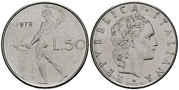Италия 50 лир 1978 R, бог огня Вулкан у наковальни KM 95.1 нержавеющая сталь 4138-621