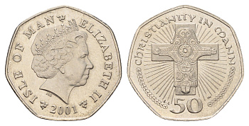 Остров Мэн 50 пенсов 2001 Елизавета II (1952-2022), рождество KM 1041 медно-никель UNC 4127-2024