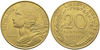 ФРАНЦИЯ 20 САНТИМОВ 1977 ТИП MARIANNE KM 930, LE FRANC 156.17 алюминиевая бронза 175-845