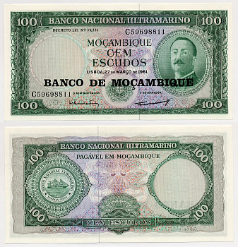 Мозамбик 100 эскудо 1961 (1976) надпечатка на 1961, Айрес де Орнелас  Pick 117 a бумага aUNC 6283-20-2