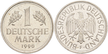 ФРГ 1 марка 1990 F KM 110, J. 385 медно-никель 4584-216