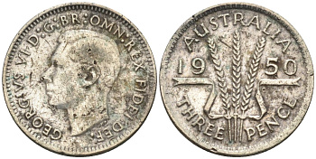Австралия 3 пенса 1950 KG, Георг VI (1937-1952) KM 44 серебро 4585-264