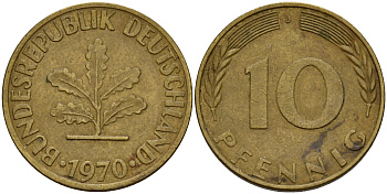 ФРГ 10 пфеннигов 1970 J J. 383, KM 108 сталь плакированная латунью    4603-347