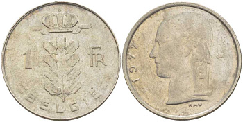 БЕЛЬГИЯ 1 ФРАНК 1977 BELGIE, БОДУЭН I (1951-1993) KM 143.1 медно-никель 213-353