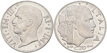 ИТАЛИЯ 20 ЧЕНТЕЗИМО 1941 R, ГОД XIX, ВИКТОР ЭММАНУИЛ III (1900-1946) KM 75b, VEM3. 1028 нержавеющая сталь 3853-753