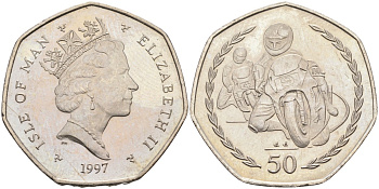 Остров Мэн 50 пенсов 1997 PM, АА, мотогонки, Елизавета II (1952), диаметр 27,3 мм. KM 806 медно-никель BUNC 4583-214