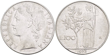 ИТАЛИЯ 100 ЛИР 1972 R, АФИНА У ОЛИВКОВОГО ДЕРЕВА KM 96.1 нержавеющая сталь 4545-645