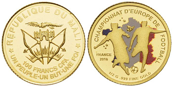 Мали 100 франков 2016 Чемпионат Европы по футболу во Франции, эмаль KM NEW золото PROOF 00-820-21