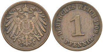 ГЕРМАНИЯ 1 ПФЕННИГ 1908 A KM 10, J. 10, Weege 2 медь 211-362