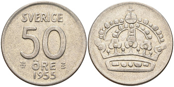 Швеция 50 эре 1955 TS, Густав VI Адольф (1950-1973) KM 825 серебро 4148-935