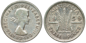 Австралия 3 пенса 1959 m, Елизавета II (1952-2022) KM 57 серебро 71-559
