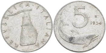 ИТАЛИЯ 5 ЛИР 1954 R, РУЛЬ, ДЕЛЬФИН KM 92 алюминий 175-131