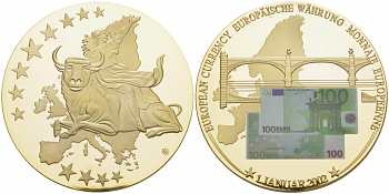 ЕВРОПА МЕДАЛЬ 2002 БАНКНОТА В 100 ЕВРО НА ФОНЕ МОСТА, ДИАМЕТР 50 ММ. Вес 54 гр.позолота медно-никель PROOF 01-235-43